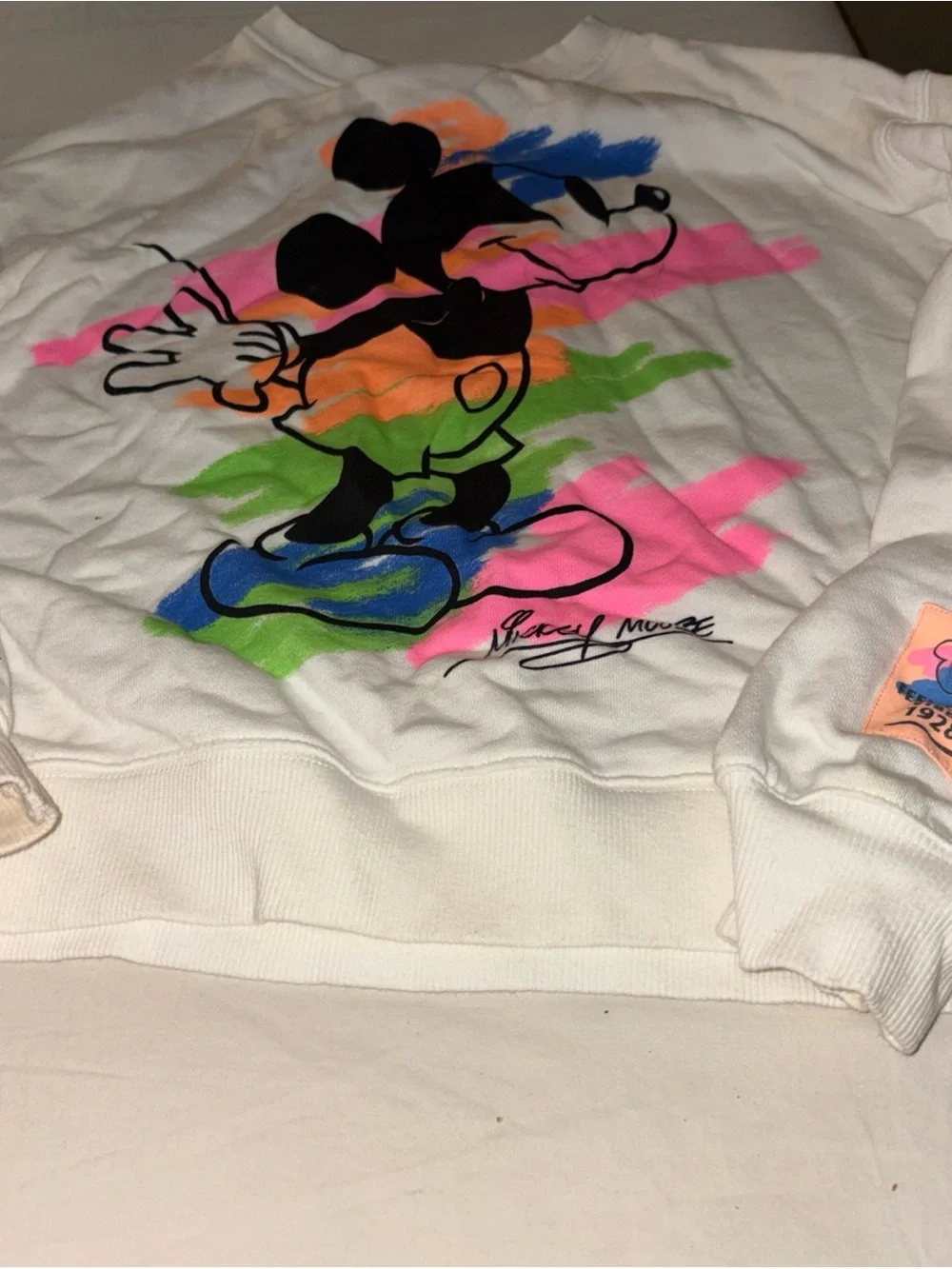 Zara White Kids Sweatshirt with Neon Brushstroke Mickey Graphic